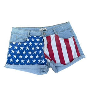 Y2K Lei Denim Jean American Flag Shorts Size 13 Ashley Low Rise Festival Chic